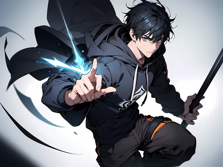 1 man, black hair, short hair, wearing blue hoodie and long pants, holding a spear on his right hand, face to detail, detailed e...