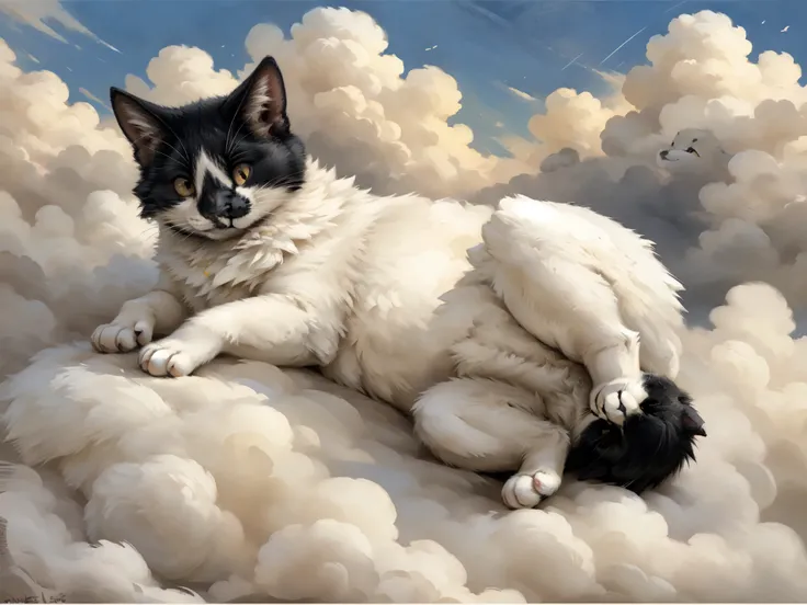 Solo, By kenket, Leo, a black and white cat, chonky, yellow eyes, feral, cute, lying down, on a cloud, floating in the sky, looking happy, content, in heaven