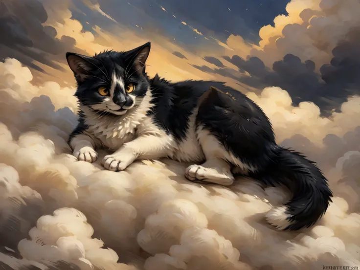 Solo, By kenket, Leo, a black and white cat, chonky, yellow eyes, feral, cute, lying down, on a cloud, floating in the sky, looking happy, content, in heaven