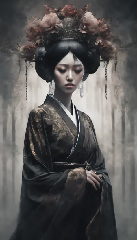 Aradi woman in kimono，Wear flowers on your head, Beautiful digital images, beautiful digital illustration, beautiful digital painting, gorgeous digital painting, Work in Guviza style, photoRealistic rendering of anime girl, Smooth Anime CG Art, beautiful d...