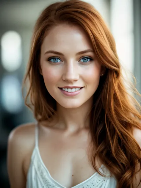 Laughing selfie a european woman, blue eyes, ginger hair,summer, natural skin texture, 24mm, 4k textures, soft cinematic light, RAW photo, photorealism, photorealistic, intricate, elegant, highly detailed, sharp focus, ((((cinematic look)))), soothing tone...