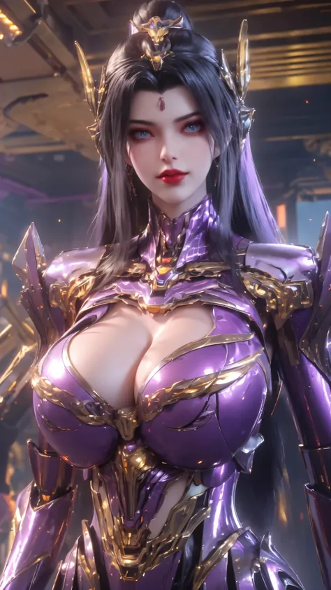 UPPER BODY,SOLO,(PHOENIX GOLD HELM), (GIGANTIC FAKE BREAST,CLEAVAGE,MUSCLE ABS:1.5), (PURPLE SHINY SCI-FI MECHA CROP TOP:1.5), (BLACK MECHA SKINTIGHT LEGGINGS:1),(SLENDER BODY MATURE WOMAN), SWEATY BUSTY BODY, (LOOKING AT VIEWER:1.3),(PORTRAIT:0.8),(HALLRO...