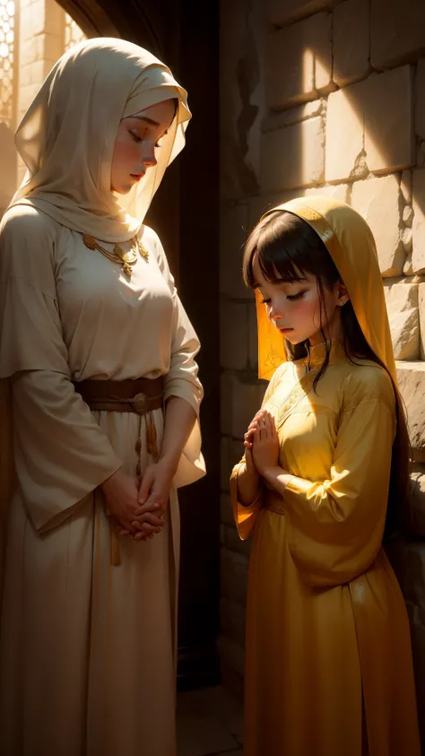 Two figures, deeply engrossed in prayer, stand before an ancient stone altar bathed in the soft glow of sun rays. The golden beams of light reflect off their conservative attire, hinting at their pious nature. Their faces, etched with lines of faith and de...