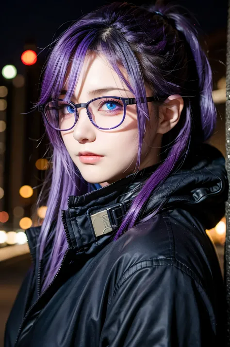 1 girl, purple hair, blue beautiful eyes, tactical gear, military, city. Night, winter, glasses