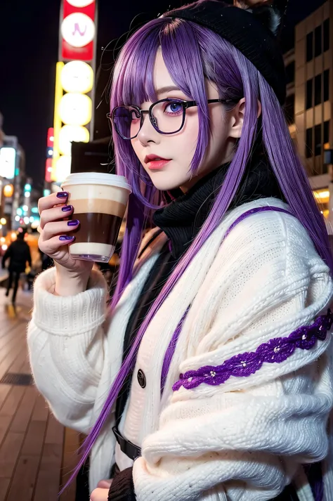 1 girl, purple hair, beautiful hair, blue eyes, make up, perfect face, perfect body, winter, tokyo, night, coffee, glasses, wolf cut hairstyle 