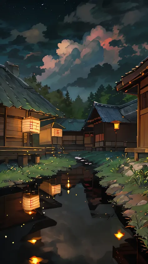  ancient Japanese times, night, reflection, jungle, lake, tree, meadow, rock, water vapor, (illustration: 1.0), epic composition, realistic lighting, HD details, masterpiece, best quality, (very detailed CG unified 8k wallpaper) --v 6