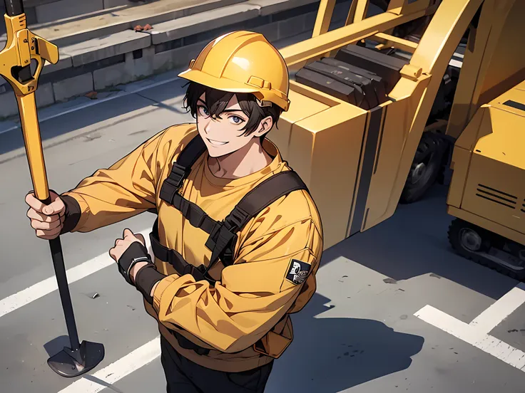 1 man, black hair, short hair, construction worker outfit, yellow helmet, holding a shovel on his right hand, happy facial expre...