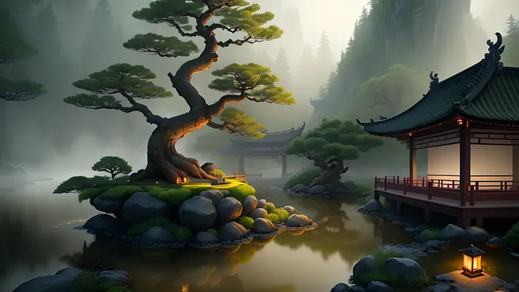 Darkness before dawn，Chinese fish pond，bonsai bridge，Lush green bushes，mist，drizzling，aesthetic, digital painting, Popular topics on Artstation, Very detailed, epic work, official media, 8k ultra high definition