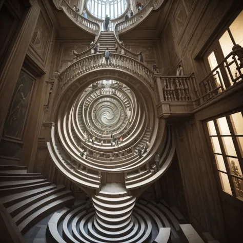 (masterpiece, best quality), best resolution, escher stairs, people walking through a labyrinth, world where gravity has no meaning, fractal spiral, optical illusion