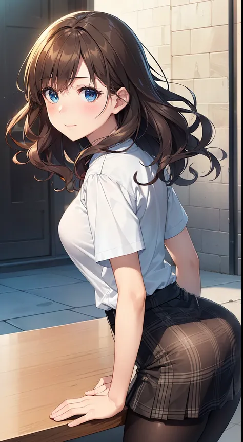 ((on the table, best quality, high resolution, pixel perfect, 4K))), 1girl in, single, alone, Beauty、see whole body、 ((medium wavy hair, Bangs, brown hair)), ((blue eyes, beautiful eyelashes, realistic eyes)), ((Detailed face, blush:1.2)), ((smooth texture...