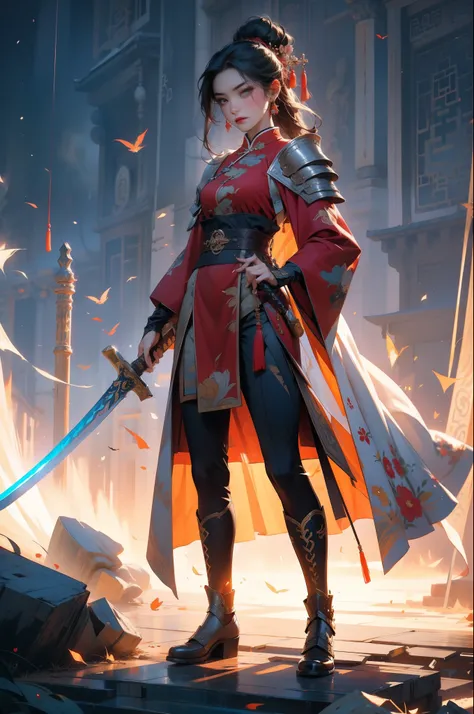 Chinese style, ancient battlefield, an ancient Chinese female general, holding a sword in her hand, grim expression, full body, amazing facial features, red robe, armor, boots, yellow sand in the sky, fleeing crowd, firelight, game model, stunning lighting...