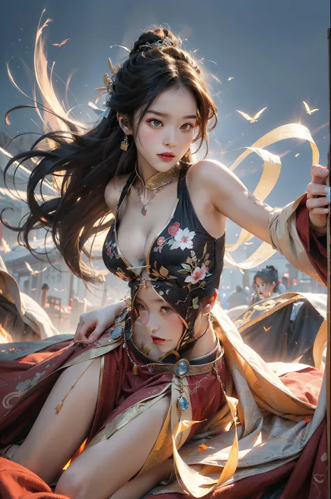 Chinese style, ancient battlefield, an ancient Chinese female general, holding a sword in her hand, grim expression, full body, amazing facial features, red robe, armor, boots, yellow sand in the sky, fleeing crowd, firelight, game model, stunning lighting...