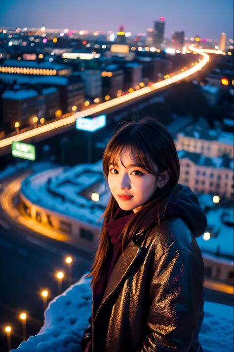 (8k, original photo, best quality, masterpiece:1.2), (actual, photo-actual:1.37),1 girl,(kpop idol), (Egiosar:1),Lovely,city View, night, winter, snow, professional lighting, photon mapping, Radiosity, Physically based rendering,