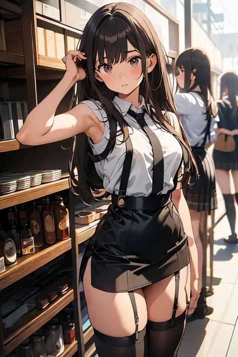 brown hair、looking at the viewer　　suspenders　　　Bulging big breasts　　 　 　　　　Black miniskirt　garter belt　knee high socks　　　　　　Gaze　　　small face　bangs 　　　　　Beauty　　hands up　　 　Gaze 　black boots 　provocation　　armpit sweat　one person 　　put your hands behind you...