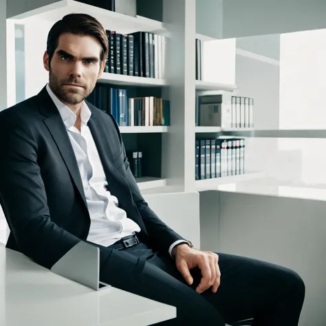 ((half body)) Photo RAW Ceo Wes Bentley sitting in an office chair, wearing black suit, facing straight, (Impeccable) ,Serious and elegant man, , with thick male eyebrows, (with mysterious and serious face,) short dark hair, dark black background image, el...