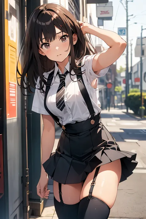 brown hair、looking at the viewer　　suspenders　　　Bulging big breasts　　 　 　　　　Black miniskirt　garter belt　knee high socks　　　　　　Gaze　　　small face　bangs 　　　　　Beauty　　hands up　　 　Gaze 　black boots 　provocation　　armpit sweat　one person 　　put your hands behind you...