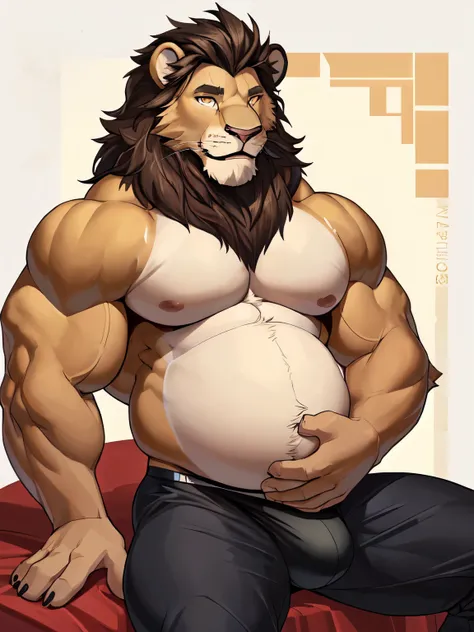 (by feralise, by taran fiddler)(simple shading), male, lion, sitting, rubbing belly (touching belly:1.3), wearing spiked collar, showing off belly, athletic body ((correct anatomy:1.3)), bulky, round bloated belly (with some muscle), muscle gut, bulge, bla...