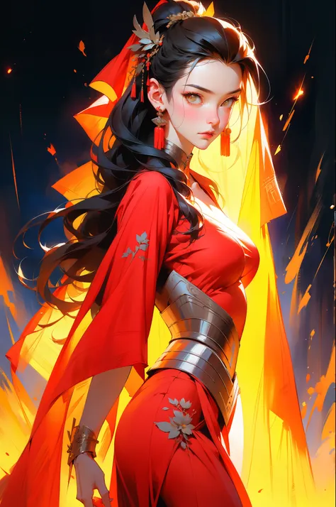 Chinese style, ancient battlefield, an ancient Chinese female general, holding a sword in her hand, grim expression, full body, amazing facial features, red robe, armor, boots, yellow sand in the sky, fleeing crowd, firelight, game model, stunning lighting...