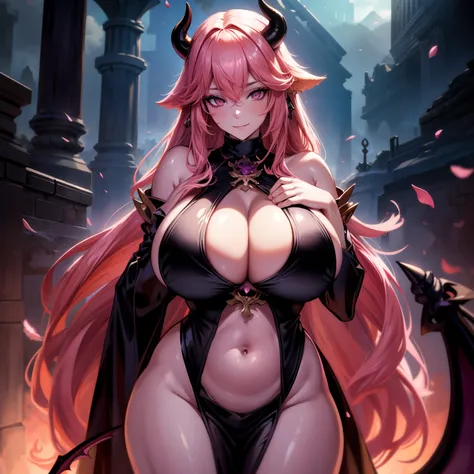 A female demon milf with black demon horn with wet dress, transparent dress getting wet, visible belly button, visible belly, ((demon horn)), extremely long pink rapunzel hair, ((Rapunzel pink hair)), white eyes of the devil., ((white eyes)), voluminous bo...