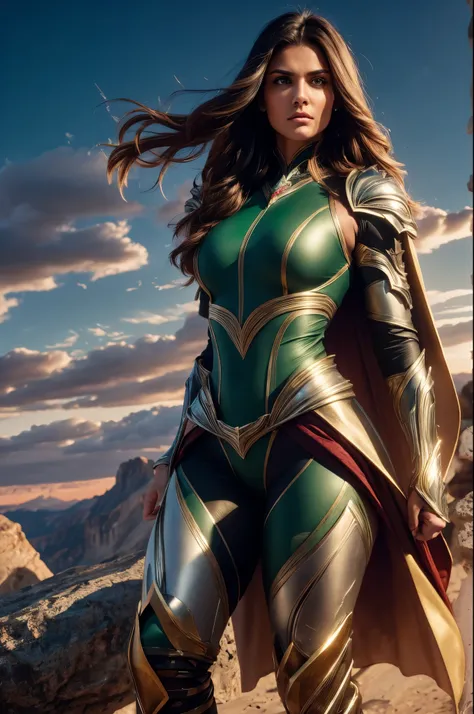 MITHOLOGICAL POWERFUL WOMAN, HUGE LONG BROWN HAIR, TUNNING SKIN, LIGHT GREEN EYES, HIGH CHEEKBONES, SLIM NOSE, GORGEOUS MOUTH, ANGRY FACE EXPRESSION, LOOKING AT CAMETA, LONG GREEN TIGHT BODYSUIT, SILVER DETAILS, HUGE LONG SILVER CAPE, HUGE GOLD GAUNTLETS, ...