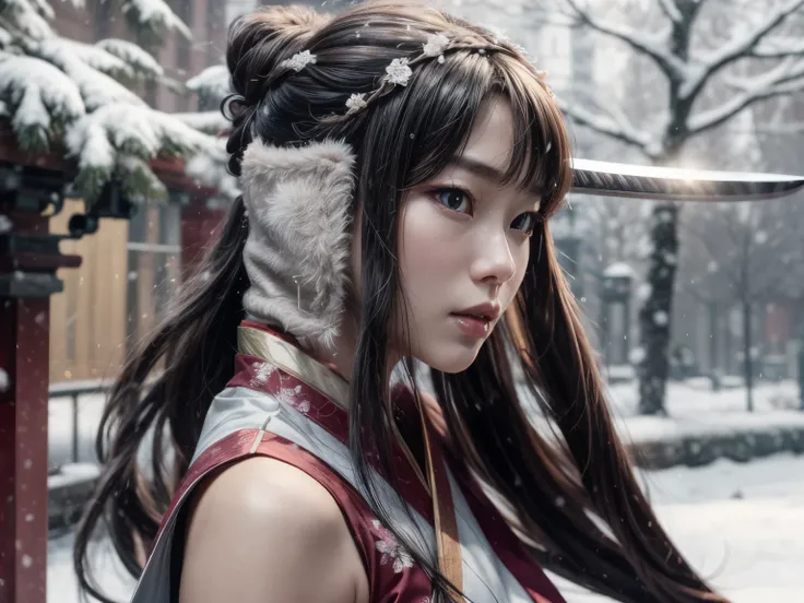 1girl, hanfu outfit, holding sword, beautiful face, Asian, close up, action shot, snow, outdoor,