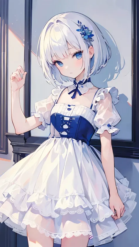 (((masterpiece)))，(((best quality)))，((Super detailed))，(illustration)，super cute girl，(white)short hair，cut bangs，blue eyes，dress，thin and small