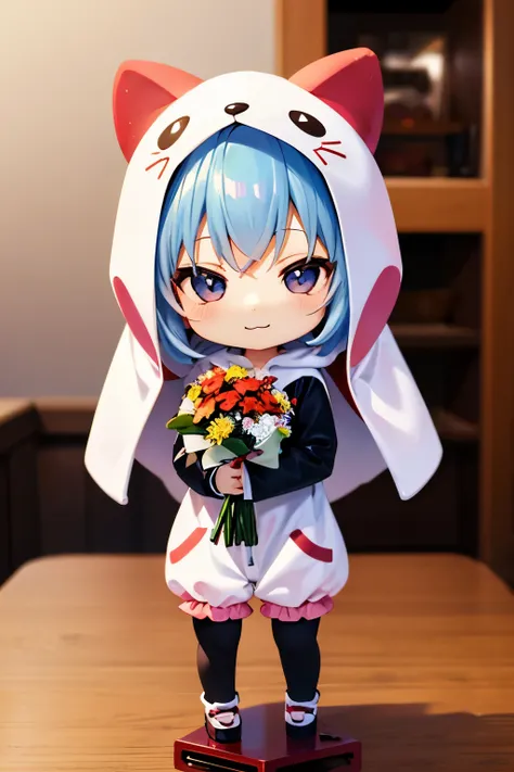 (Chibi:1.3), happy, (holding a bouquet), full body, (Kigurumi), indoors, on the table, (Nendoroid:1.1),