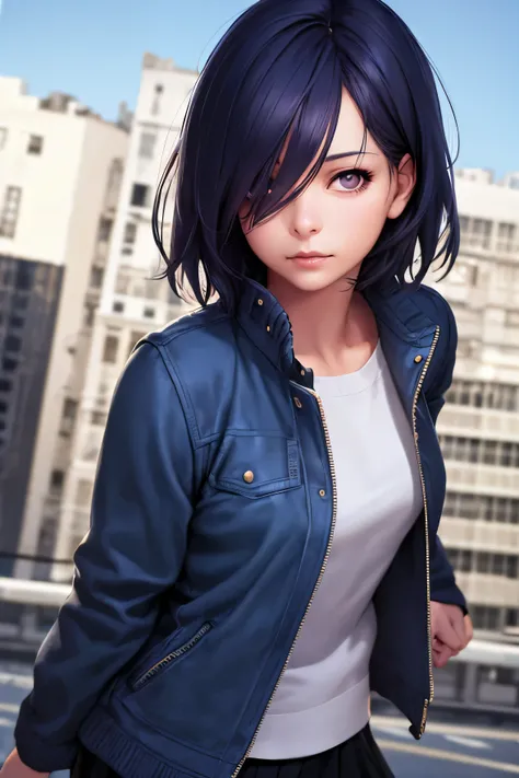 1girl, ((best quality)), ((masterpiece)), ((realistic)), (detailed), (perfect face), (one eyes gone with long bangs), (Touka Kirishima), navy purple hair, beautiful face, purple eyes, blue jaket, black mini skirt, badass poses, dynamic angle, building back...