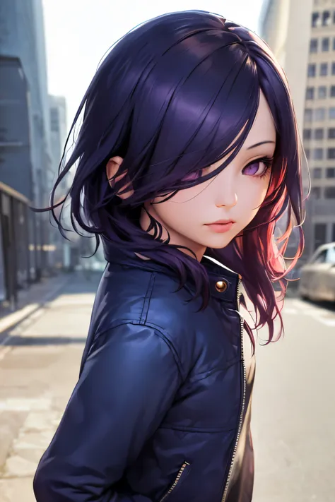 1girl, ((best quality)), ((masterpiece)), ((realistic)), (detailed), (perfect face), (one eyes gone with long bangs), (Touka Kirishima), navy purple hair, beautiful face, purple eyes, blue jaket, black mini skirt, badass poses, dynamic angle, building back...