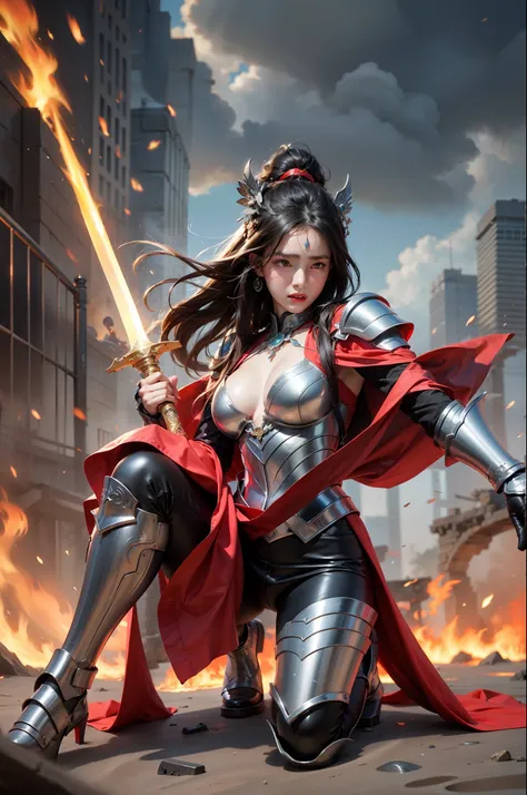 Chinese style, ancient battlefield, an ancient Chinese female general, holding a sword in her hand, grim expression, full body, amazing facial features, red robe, armor, boots, yellow sand in the sky, fleeing crowd, firelight, game model, stunning lighting...