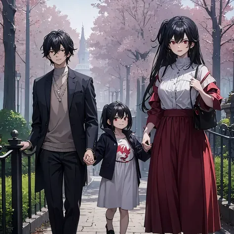 a man in casual clothes holding a woman's hand (red eye) and a little child who appeared with the woman, in a park, smiling