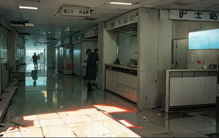 Armageddon，inside a hospital，Broken floor tiles and damaged walls，Two-dimensional style，Japanese anime style