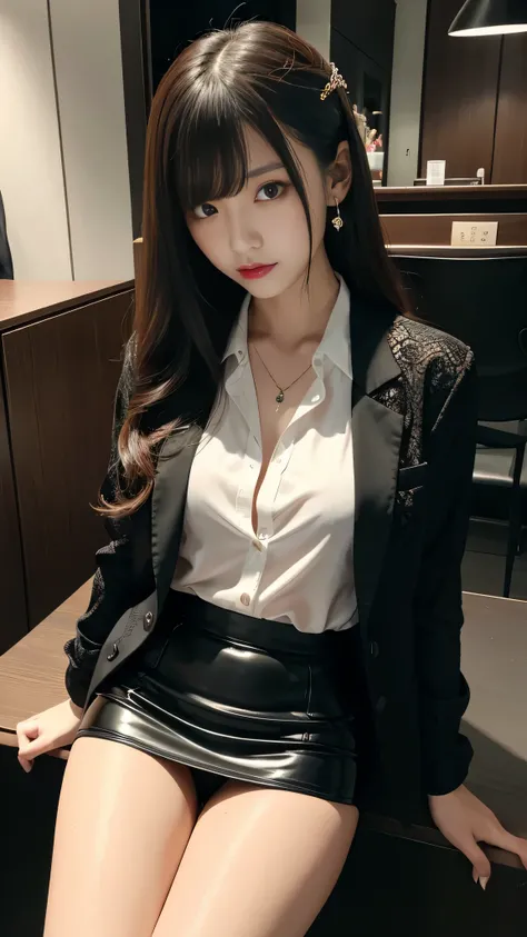 Super detailed、Japanese、charming beauty、Dainty woman、sharp eyes、cool girl、wavy hair、suit、Jacket、blouse、Tight Skirt、black pantyhose、evil female executive、evil depravity、brainwashing、Mind control、lacy fabric、Shiny legs、lipstick、have lip gloss、grin、邪evilなな表情、...