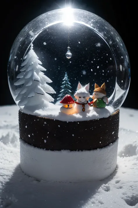 snow fox winter fantasy mystery little people art, night circle, twinkling lights, gossamer