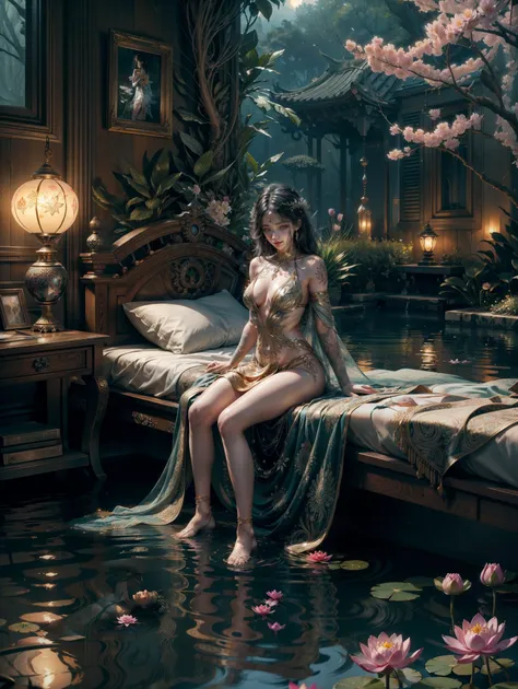 (masterpiece), best quality, expressive eyes, perfect face, 1 sexy girl in forest dress, flowers, leaves, Mandala, fractal, Sleeping Beauty, full body Bella🦋, beautiful sleeping girl, room with mirror, girl sleeping in the bed and sheets, old clock and lam...