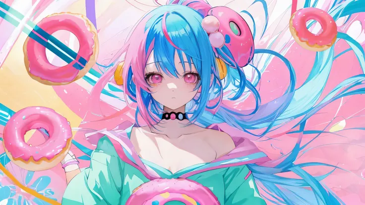 anime blue hair girl and a pink wig holding a donut, dreamy psychedelic anime, anime atmosphere, Decora style illustration, anime aesthetics, anime graphic illustration, Nightcore, teal hair anime girl, 2D anime style, Anime that won aesthetic awards, High...