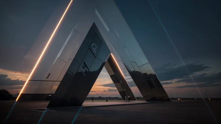 sci-fi, metal monument, optical illusion, ((Penrose triangle)), asymmetrical architecture