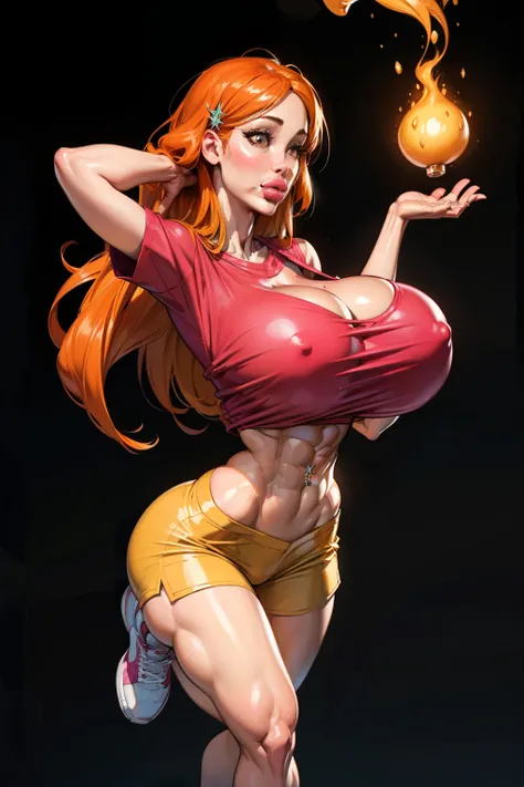 (navel piercing), navel exposed, Generate an illustration of a mature Orihime, pink shirt,  orange hair, holding her own breasts ,  ((aletta ocean face)), de terno preto, (natural lipstick:1.1), long hair, hair flows straight down, hair pins on both sides,...