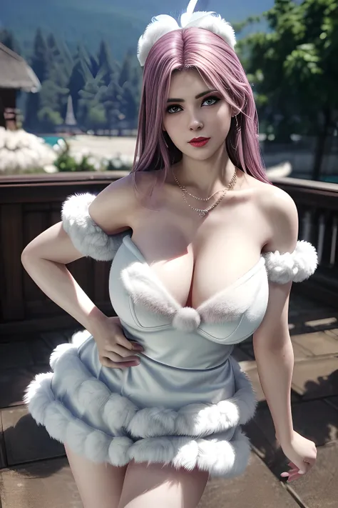 1 girl,Alice,(fluffy:1.7), (fitting fluffy feather dress:1.4),(permanent, model pose:1.2),jewelry,grace,(((red lips))), Lips slightly open, lustful smile,  clavicle,(huge breasts),Charming cleavage,((8k, original photo, top quality, masterpiece), HD RAW co...