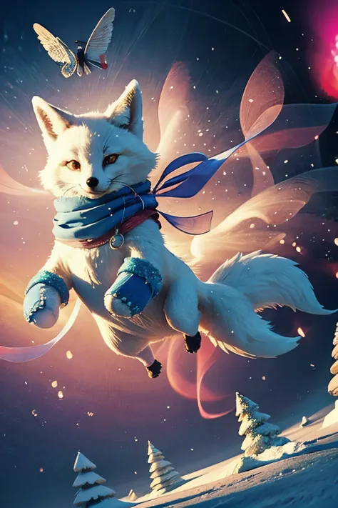 a snow fox wearing magic blue mittens that let him fly