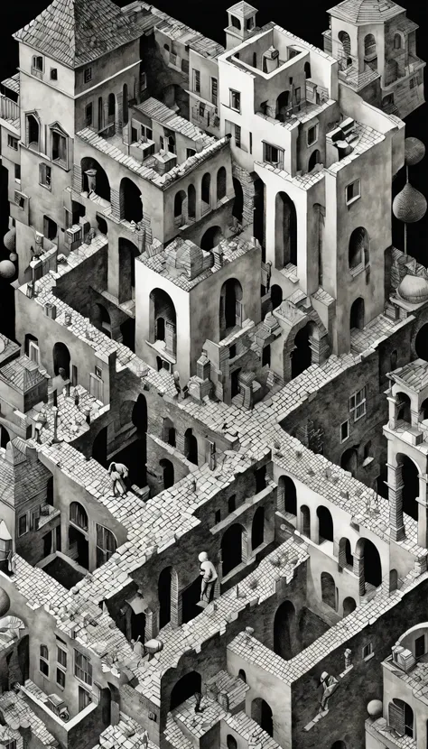 a mysterious nod to escher&#39;s work:1.2, this artwork blurs the boundaries of realism:1.1 and abstraction:1.1, transform geome...