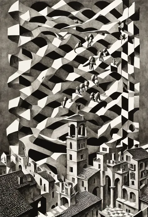 a mysterious nod to escher&#39;s work:1.2, this artwork blurs the boundaries of realism:1.1 and abstraction:1.1, transform geome...