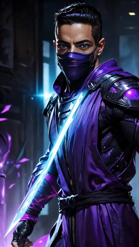 ((Rami Malek)) as Rain from Mortal Kombat, (1boy), wears a (purple (ninja outfit)), attire is adorned with intricate designs, ((ninja mask covered his lower face)), ((light blue glowing eyes)), thunder on background, intricate, high detail, sharp focus, dr...