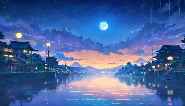 river, night sky, rain, japan, Anime estilo 2D, Lo-fi, disco Rigido, Ambiente escuro