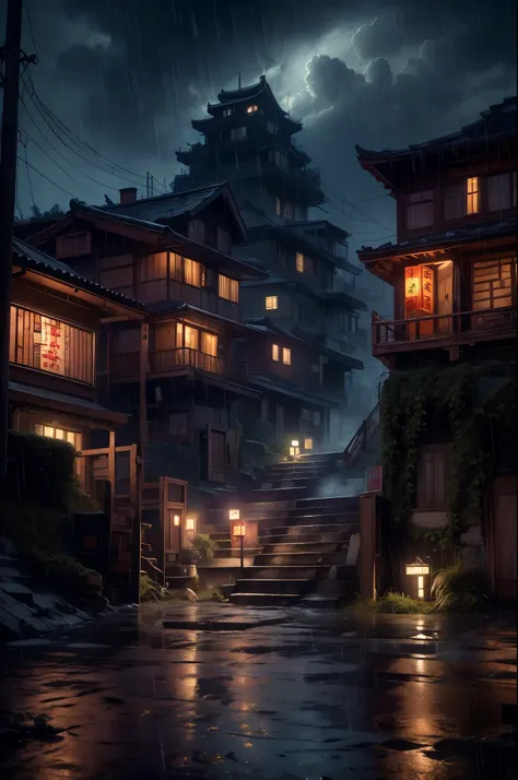 feder village view，a lot of lights on the buildings，dream chinese town，china village，stunning wallpapers，japan village，surreal p...