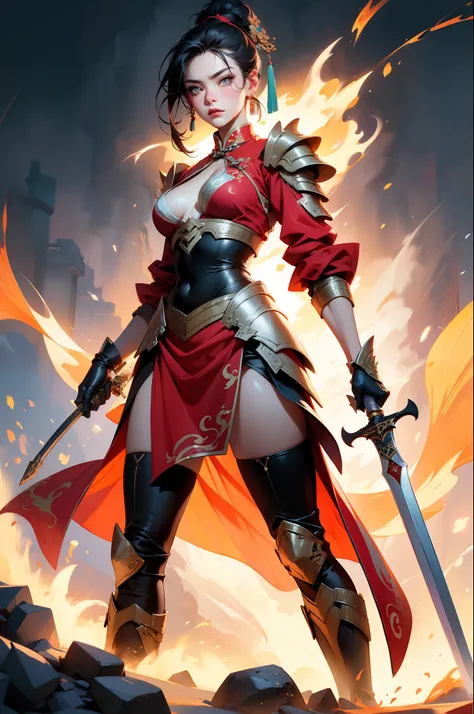 Chinese style, ancient battlefield, an ancient Chinese female general, holding a sword in her hand, grim expression, full body, amazing facial features, red robe, armor, boots, yellow sand in the sky, fleeing crowd, firelight, game model, stunning lighting...