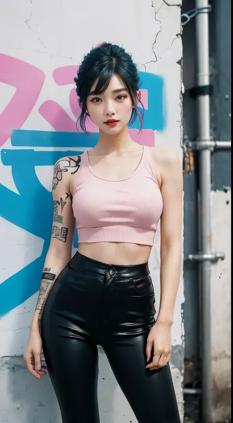 best quality, Clarity, 4k, 8k, detail, actual, Beautiful Girl, Korean makeup, Red lips, pink and blue mullet haircut, Perfect body, full yakuza tattoo arm, thigh, stand, pose standing, medium chest, tank top, black legging Pants, Solid graffiti wall backgr...