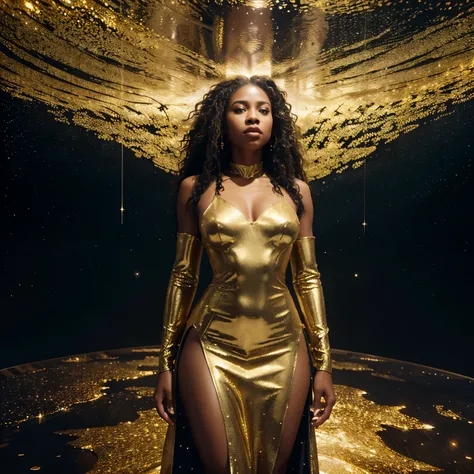 Aerial shot and fish eye view  shot of black woman dressed in a golden long wavy dress standing on top of a glass surface with stars in the background,  golden particles falling on her, artgerm style, 32k, ultra HD, unreal engine rendered, hyper-realistic ...