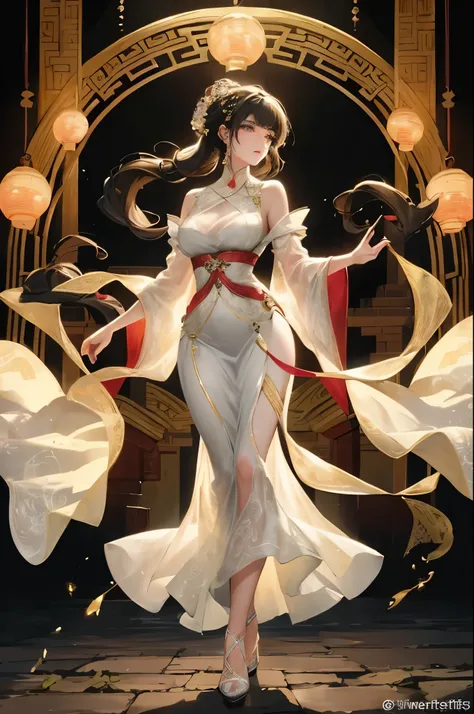 In the heart of ancient China, there exists an enchanting image of a woman. Dressed in an elegant evening gown, her silhouette is accentuated by the soft glow of the setting sun. The dress, adorned with intricate lotus patterns, cascades down to her ankles...