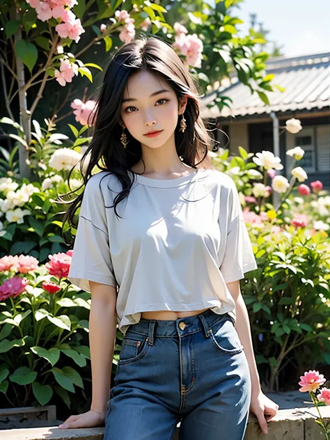 create an image of an asian woman wearing a t-shirt and jeans facing the viewer.. surrounded by flower gardens, natural light